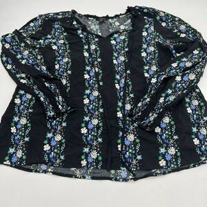 Talbots Black Floral Peasant Blouse Top Womens Size SP Smocked Cuffs Shoulders